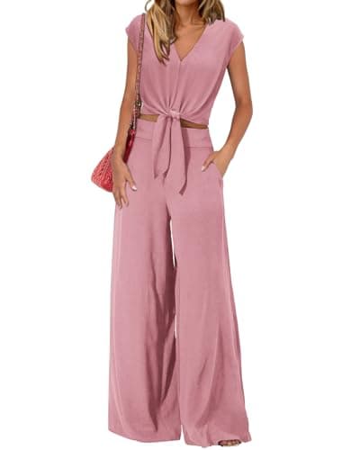 PRETTYGARDEN Ladies 2 Piece Outfits Plain Crop Tops Loose Fit Wide Leg Pants With Pockets Cute Summer Matching Sets(Solid Pink,Large) - Image 1