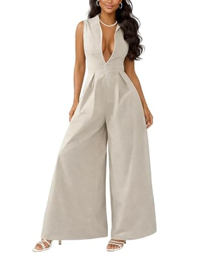 knowfashionstyle Jumpsuits For Women Dressy Sleeveless Zip Up Wide Leg Jumpsuit Date Night Rompers Formal Party Outfits Apricot L - Image 1