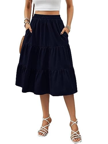 Lyrur Tiered Midi Skirts Womens Elastic Waist Summer Swing Ruffle Casual Skirts with Pockets(XL,9193-Navy Blue) - Image 1