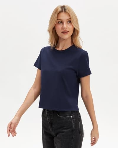 Stelle Women's Short Sleeve Crewneck T-Shirts Cotton Basic Tees Summer Casual Solid Crop Tops Navy Blue X-Small - Thumbnail 2
