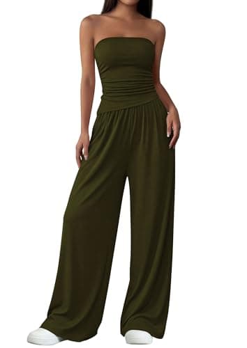 PRETTYGARDEN Summer Sets Women 2 Piece Outfits Asymmetrical Tube Tops and Pants Beach Vacation Airport Matching Lounge Set(Army Green,Medium) - Image 1