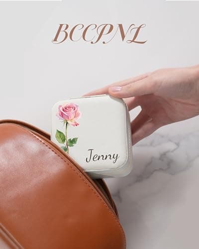 Personalized Jewelry Travel Case(with mirror) with Your Name and Birth Flower,Personalized Gifts for Women - Festival gifts, Bridesmaids Gifts, Small Travel Jewelry Box Organizer for Girls (white) - Thumbnail 6