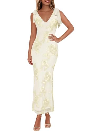 Lazysmile Womens Floral Embroidered Maxi Dress Sleeveless V Neck Tie Strap Ribbon Flower Mesh Party Cocktail Dresses - Image 1