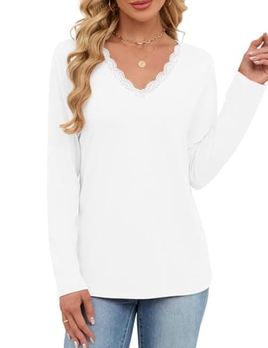 JUSTFASHIONNOW Long Sleeve Shirts for Women Lace V Neck Tunic Tops Dressy Business Casual Blouses Trendy Loose Fit Cute Winter Clothes (White,Medium) - Thumbnail 3