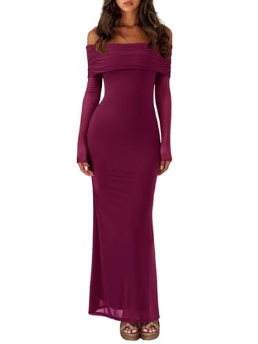 REORIA Women Long Sleeve Off Shoulder Formal Dress Elegant Stretch Mesh Double Lined Bodycon Long Party Wedding Guest Dresses Fall Winter 2024（Burgundy Large） - Image 1