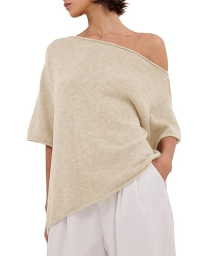 EGOCKAL Womens Off The Shoulder Knit Tops Summer Short Sleeve Roll Hem Asymmetrical Linen T Shirts 2026 Apricot - Image 1