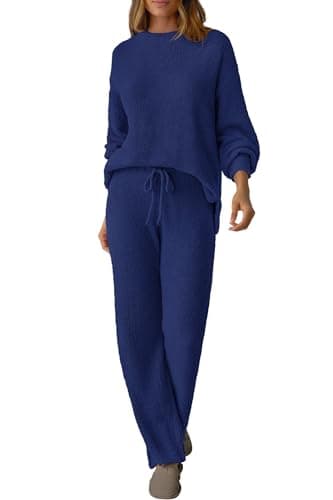 GKBK Women's 2 Piece Fuzzy Fleece Pajama Set Long Sleeve Crew Neck Top Fluffy Pajama Pants Loungewear Royal Blue L - Thumbnail 2