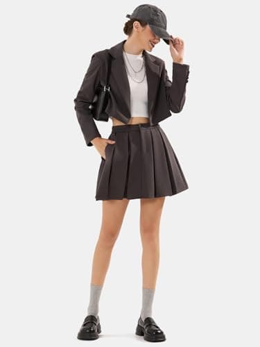 EXLURA Women's Long Sleeve Blazer Suit Sets with Pleated Mini Skirt Fall 2 Piece Outfits Trendy Y2K Fashion Clothes Dark Grey - Thumbnail 3