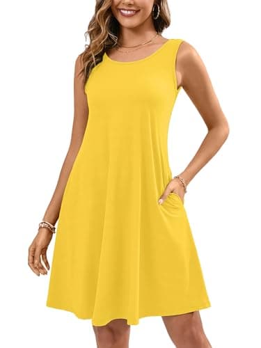 KORSIS T-Shirt Summer Dress for Women Casual Tank Dresses Sleeveless Swing Flowy Loose Ladies Beach Vacation Sundress with Pockets Yellow S - Image 1
