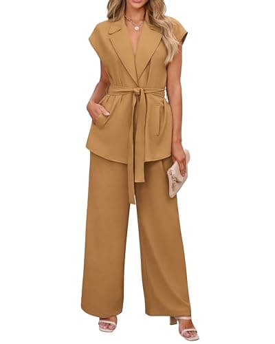 PRETTYGARDEN Women's Summer 2 Piece Outfits 2026 Cap Sleeve V Neck Blazer Vest Wide Leg Pant Sets Office Work Clothes(Brown Yellow,Medium) - Image 1