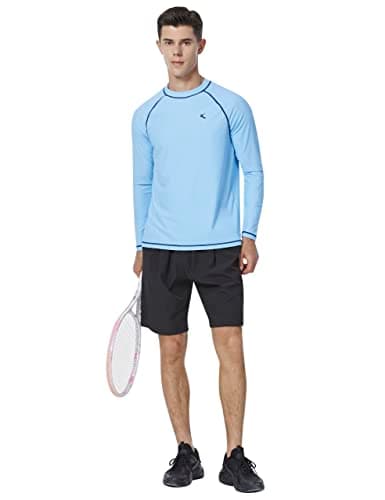 Mens Rash Guard UPF 50+ Swim Shirts UV Sun Protection T-Shirt Quick Dry Long Sleeve Beach Shirts for Fishing, Light Blue, 5XL - Thumbnail 3
