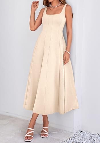 BTFBM Women Elegant Wedding Guest Dress Summer Square Neck Sleeveless Flowy A Line Formal Cocktail Party Maxi Dresses(Beige, XX-Large) - Thumbnail 6