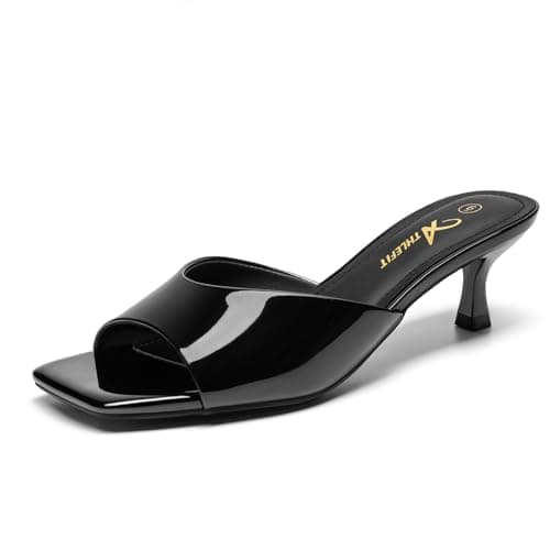 Athlefit Black Kitten Heels for Women Square Open Toe Low Heels Heeled Sandals Summer Dressy Slip On Slide Sandals Size 8 - Image 1