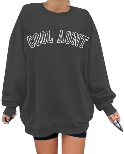 MOUSYA Women Cool Aunts Sweatshirt Auntie Letter Print Oversized Pullover Tops Embroidered Long Sleeve Lightweight Shirt Dark Grey - Image 1