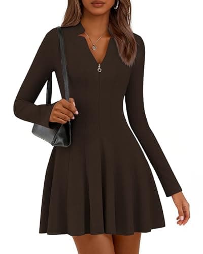 Lazysmile Fall Dresses for Women 2025 Long Sleeve V Neck Half Zip A Line Swing Casual Party Club Mini Short Dress Brown - Image 1