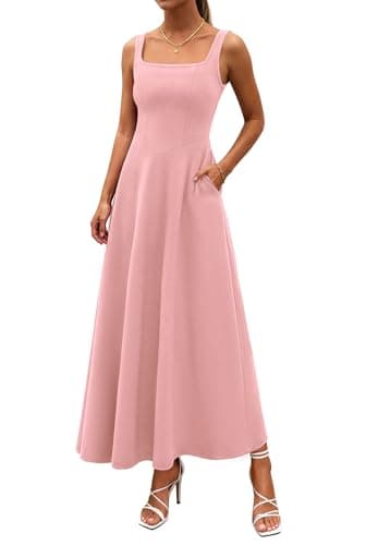 PRETTYGARDEN Womens Summer Dresses 2026 Sleeveless Elegant Square Neck Aline Swing Maxi Beach Wedding Guest Dress Pockets (Pink,Medium) - Image 1