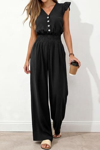 dowerme Women's Jumpsuits Dressy Casual 2026 Summer Ruffle Cap Sleeve V Neck Button Smocked Rompers Wide Leg Overalls(Black,XX-Large) - Thumbnail 6
