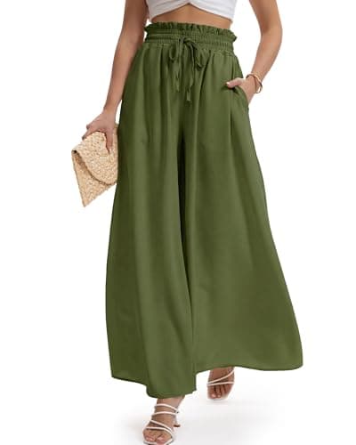 HONGTEYA Women's Summer Wide Leg Palazzo Pants (US, Alpha, Medium, Regular, Regular, Army Green) - Image 1
