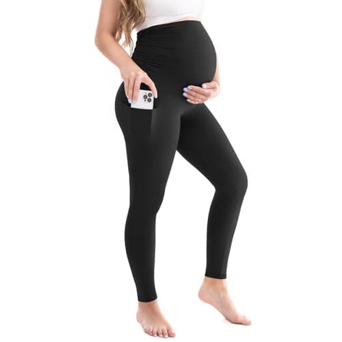 Leafigure Womens Maternity Leggings with Pockets, Pregnancy Buttery Soft Yoga Workout Pants Black X-Large - Image 1