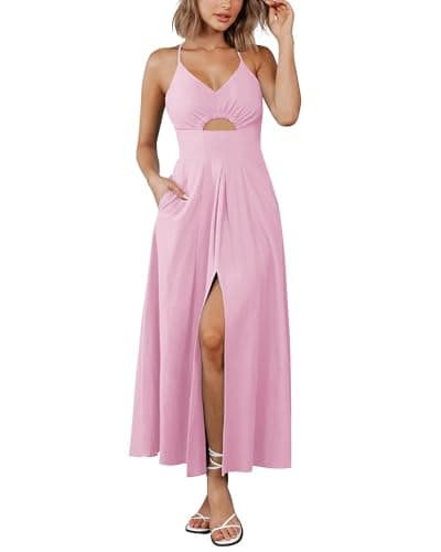 BTFBM Women 2026 Spaghetti Strap Midi Summer Dresses Sleeveless V Neck Cutout Slit Casual Beach Party Maxi Dress Pockets(Pink, Large) - Image 1