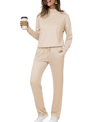Totatuit Womens 2 Piece Lounge Set Long Sleeve Tops with Thumb Holes Track Suits Womens Two Piece Jogging Suits Apricot M - Image 1