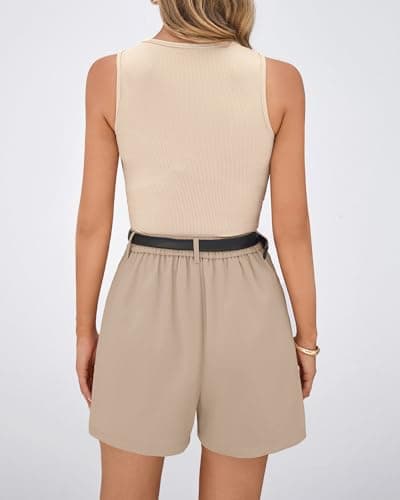 BTFBM 2 Piece Sets for Women Summer 2026 Sleeveless Matching Short Sets Tank Crew Neck Airport Travel Outfits Pockets(Apricot+Khaki, XX-Large) - Thumbnail 3