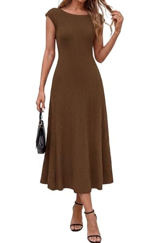 BTFBM Womens Spring Dresses 2026 Asymmetrical Neck Short Sleeve Pleated Swing Knit Midi Dress Business Casual(Brown, Medium) - Image 1