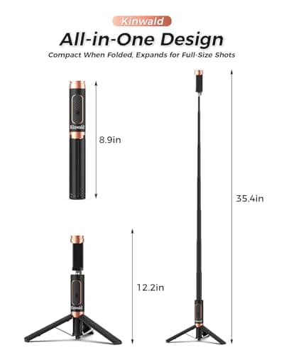Kinwald Selfie Stick Tripod for iPhone & Android – Portable Phone Tripod Stand with Bluetooth Remote, One-Click Open, Compact & Lightweight for Vlogging, Travel & Everyday Use (Black) - Thumbnail 2