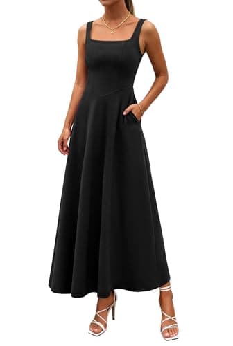 PRETTYGARDEN Womens Summer Dresses 2026 Sleeveless Elegant Square Neck Aline Swing Maxi Beach Wedding Guest Dress Pockets (Black,Small) - Image 1