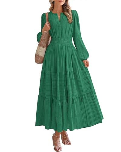 BTFBM Spring Dresses for Women 2026 Casual Long Sleeve V Neck Elastic Waist Lightweight Maxi Wedding Guest Dress Pockets(Dark Green, XX-Large) - Image 1