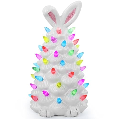 GARKALY Light up Easter Bunny Decor Glowing Tree, Cute Ceramic Tree Bunny Decorations for The Home Indoor Bedroom Office Decor Tabletop, Easter Night Light for Kids Gifts (White) - Image 1
