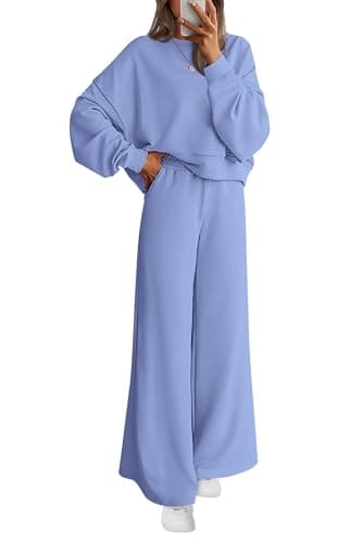 PRETTYGARDEN Women 2 Piece Outfits 2026 Spring Sweatsuits Crewneck Sweatshirt Wide Leg Sweatpants Lounge Sets Tracksuit(Light Blue,Medium) - Image 1