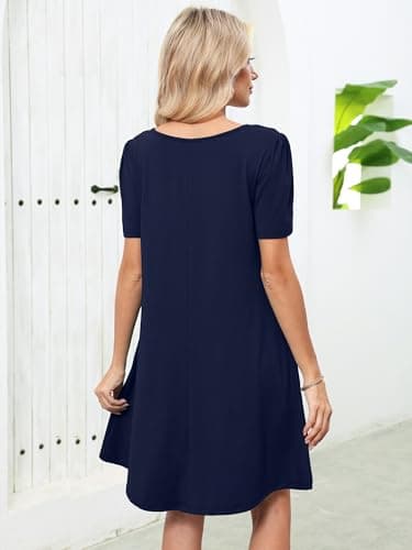 Heymoments Women Short Sleeve Dress Plus Size Navy Blue X-Large Crewneck Casual Flowy Above Knee Length Sundress Comfortable Shirt Work Summer Vacation Cheap Dresses with Pockets - Thumbnail 4