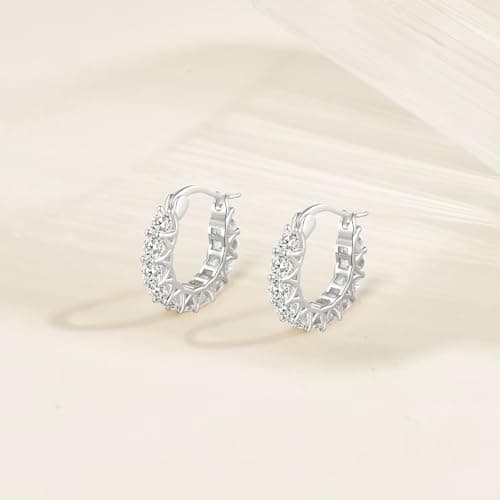 GIRIOIZ Sterling Silver High-Carbon Diamond Hoop Earrings, Hypoallergenic Diamond Huggie Earrings for Women (White Gold) - Thumbnail 3