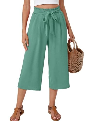 Moodclo Women's Wide Leg Pants Sea Green 2X-Large with Pockets High Waist Adjustable Knot Loose Casual Trousers Beach Vacation Casual Pants - Image 1