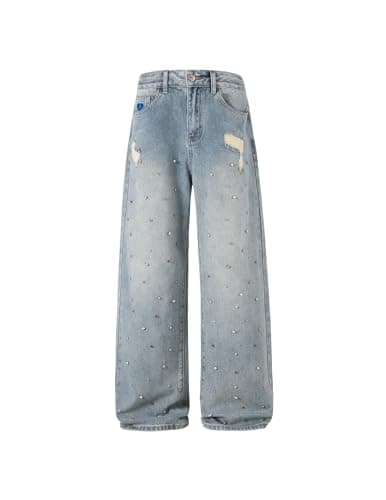 Aelfric Eden Rhinestone Wide Leg Jeans High Waisted Loose Streetwear Straight Baggy Denim Pants Vintage Y2K Trousers Blue - Image 1