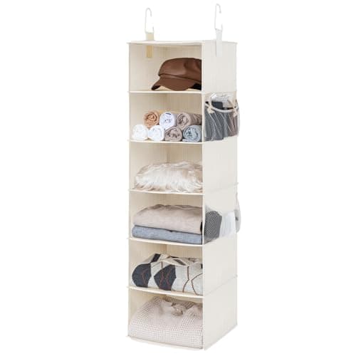 StorageWorks 6-Shelf Hanging Closet Organizer, Hanging Shelves for Closet, Fabric, Mixing of Beige, White & Ivory, 12" D x 12" W x 47 1⁄2" H - Image 1