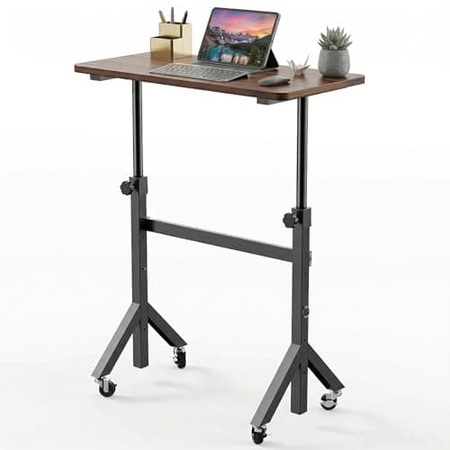 HUANUO 32'' Small Standing Desk with Wheels,28.7"-46.1" Heigh Adjustable Portable Rolling Desks,Mobile Stand Up Desk for Walking Pad and Treadmill,Sit to Stand Computer Workstation for Bedroom,Walnut - Image 1