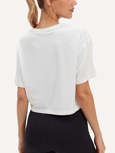 Stelle Womens Workout Crop Top Loose Short Sleeve Shirt Breathable Quick Dry UPF 50+ Oversized Boxy Tee for Running Athletic White X-Large - Thumbnail 3