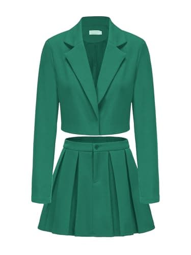 EXLURA Women's Long Sleeve Blazer Suit Sets with Pleated Mini Skirt Fall 2 Piece Outfits Trendy Y2K Fashion Clothes Green - Image 1
