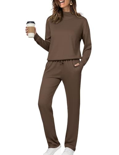 Totatuit Womens Lounge Sweatsuit Set Casual 2 Piece Winter Tracksuit Comfy Turtle Neck Pullover for Sports Wear Light Brown M - Image 1