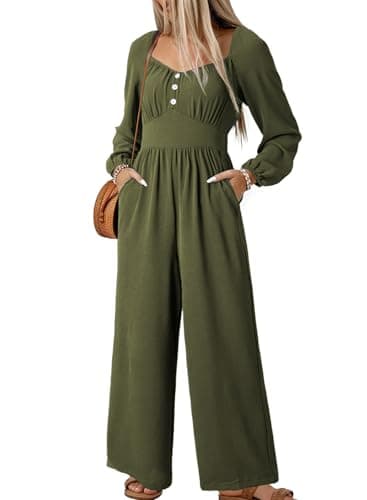 Dokotoo Jumpsuits for Women 2026 Spring Long Sleeves Square Neck Rompers High Waisted Wide Leg Pants Dressy Resort Wear 2026 with Pockets for Party,Jungle Green X-Large - Image 1