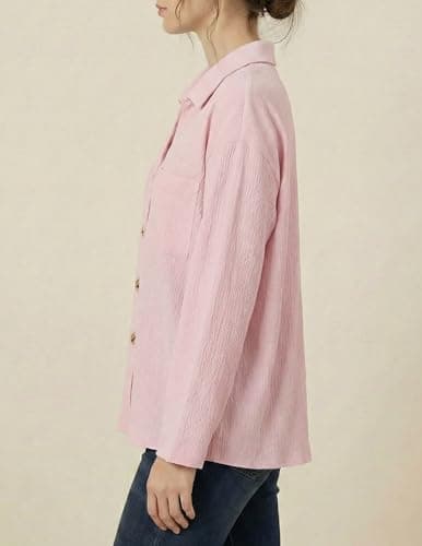 GAMISS Button Down Shirt for Women Long Sleeve Shirts Collared Casual Blouses Tops with Pocket Pink, XL - Thumbnail 3