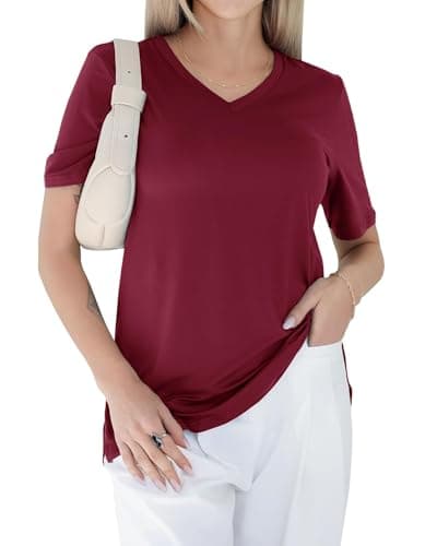 GAYHAY Rust Red V Neck T Shirts for Women - Soft Short Sleeve Basic Tees Comfortable Spring Summer Casual Trendy Tops 2025 - Image 1