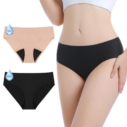 Carer Period Underwear for Women Heavy Flow Womens Leak Proof Menstrual Underwear 50-100ml Absorbent Period Panties Reusable Washable Incontinence Briefs, 2pk-XL (Black/Beige) - Image 1