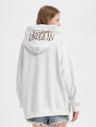 jnospne Womens Oversized Hoodies Y2k Embroidered Letter Graphic Hoodie for Teens Hooded Streetwear Sweatshirts Pullover White - Thumbnail 2