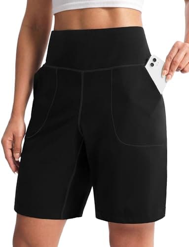 Cyasundent Women's 9" Athletic Shorts with Pockets High Waisted Bermuda Long Shorts for Women Casual Running Walking(Black_S) - Image 1