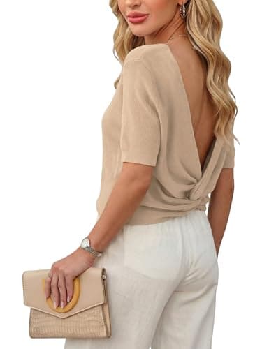 Tanming Womens Cropped Knit Sweater Short Sleeve Lightweight Casual Basic Tops Fall Summer Textured Pullover Sweaters(Khaki-L) - Image 1