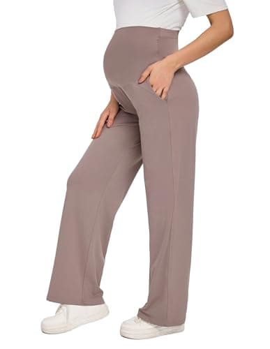 BRATUC Maternity Pants for Women Over The Belly Pregnancy Pants Straight Leg Stretchy Comfort Casual Trousers with Pockets Small Taupe - Image 1