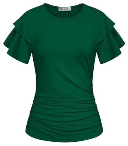 GRACE KARIN Summer Tops for Women Dressy Casual, Ruffle Short Sleeve Work Shirt, 2026 Spring Blouses Dark Green Small - Image 1